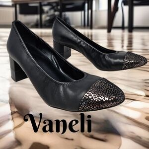 Vaneli Womens Heels Sz 8.5M Black Leather Animal Metallic Print Toes Career